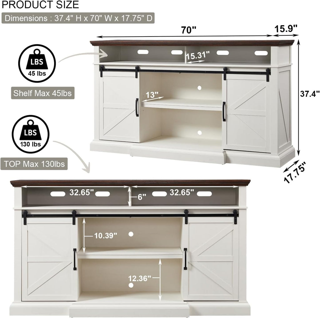 Farmhouse TV Stand for 80 Inch TVs, 37.4"Tall Entertainment Center w/Storage Cabinets and Sliding Barn Door, Media Console Cabinet w/Soundbar &amp; Adjustable Shelves for Living Room, 70 inch (White)
