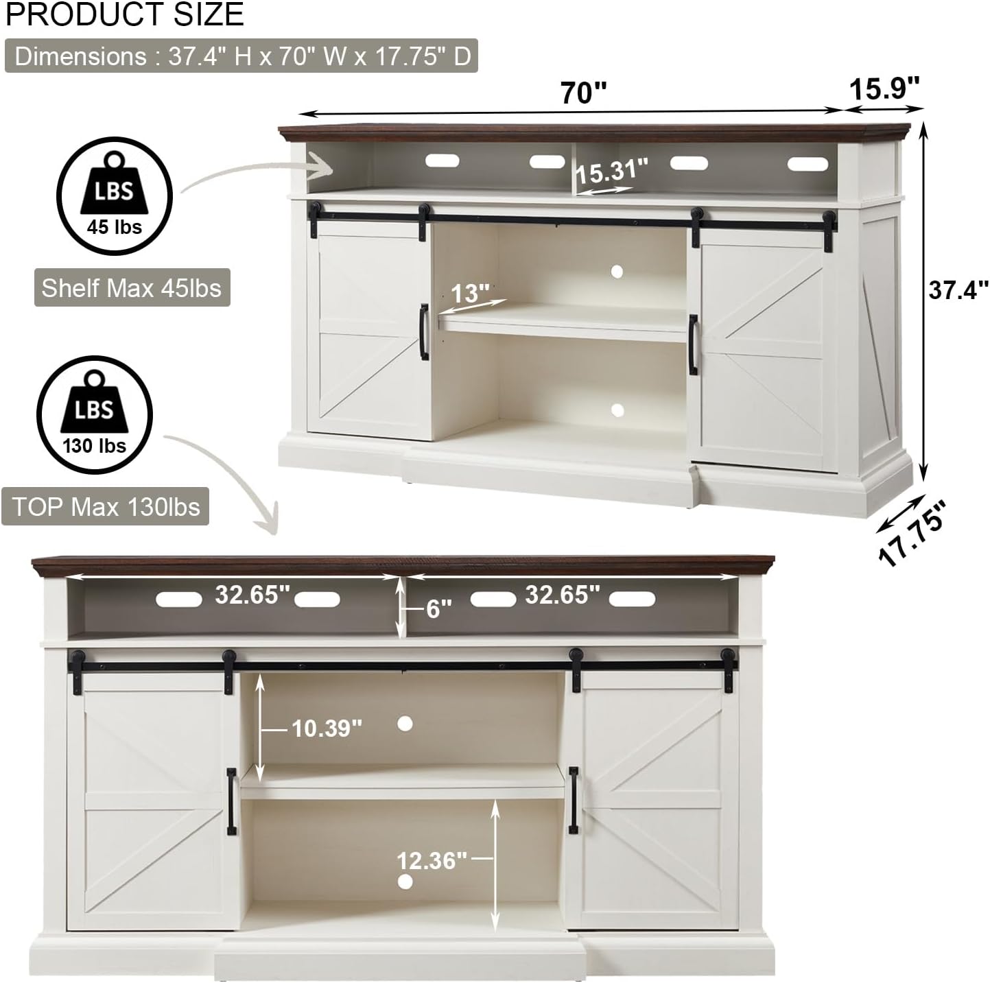 Farmhouse TV Stand for 80 Inch TVs, 37.4"Tall Entertainment Center w/Storage Cabinets and Sliding Barn Door, Media Console Cabinet w/Soundbar &amp; Adjustable Shelves for Living Room, 70 inch (White)