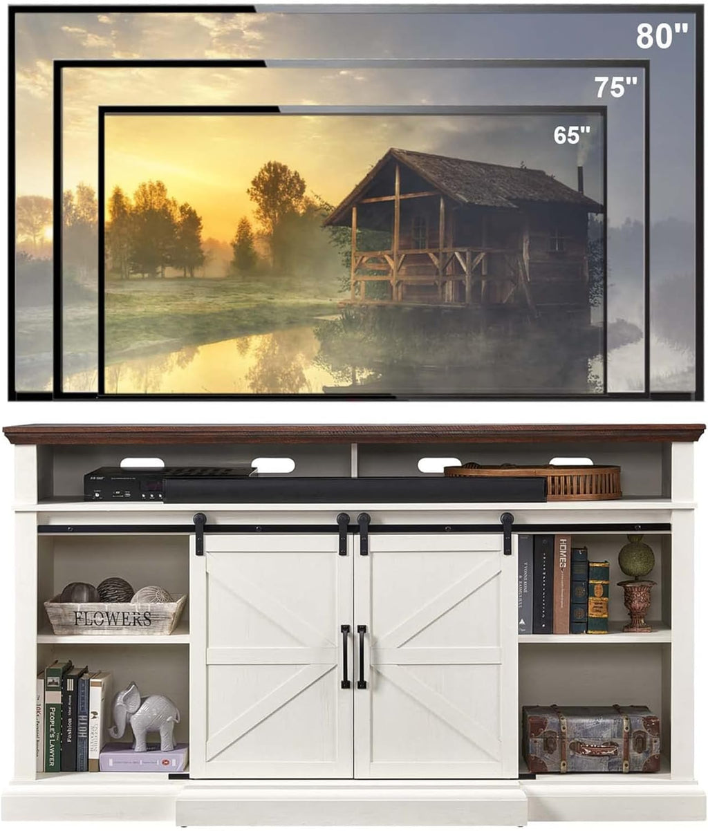 Farmhouse TV Stand for 80 Inch TVs, 37.4"Tall Entertainment Center w/Storage Cabinets and Sliding Barn Door, Media Console Cabinet w/Soundbar &amp; Adjustable Shelves for Living Room, 70 inch (White)