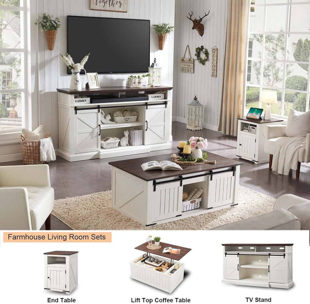 Farmhouse TV Stand for 80 Inch TVs, 37.4"Tall Entertainment Center w/Storage Cabinets and Sliding Barn Door, Media Console Cabinet w/Soundbar &amp; Adjustable Shelves for Living Room, 70 inch (White)