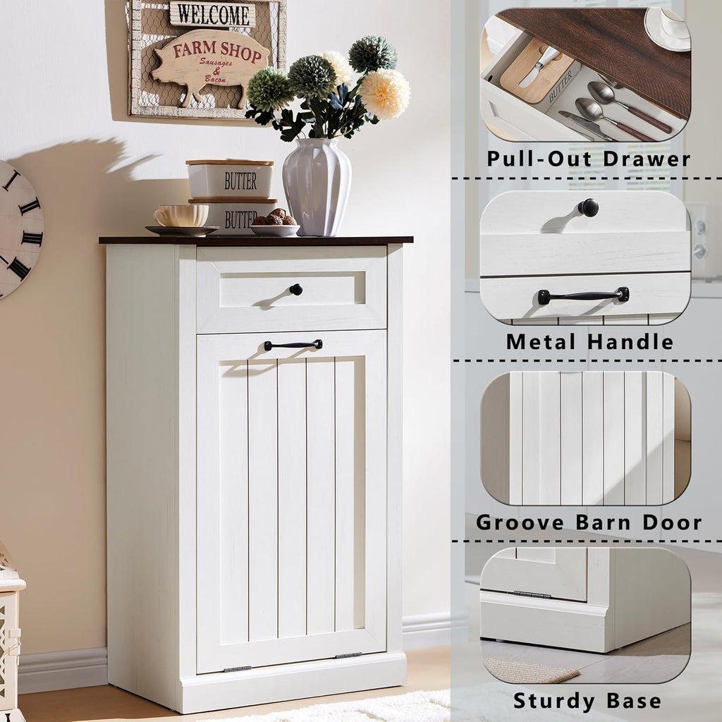 Tilt Out Trash Can Cabinet, 10 Gallon Farmhouse Laundry Hamper Cabinet with Drawer, Hidden Wooden Trash Garbage Can Bin with Storage Basket for Kitchen, Living Room (Antique White)