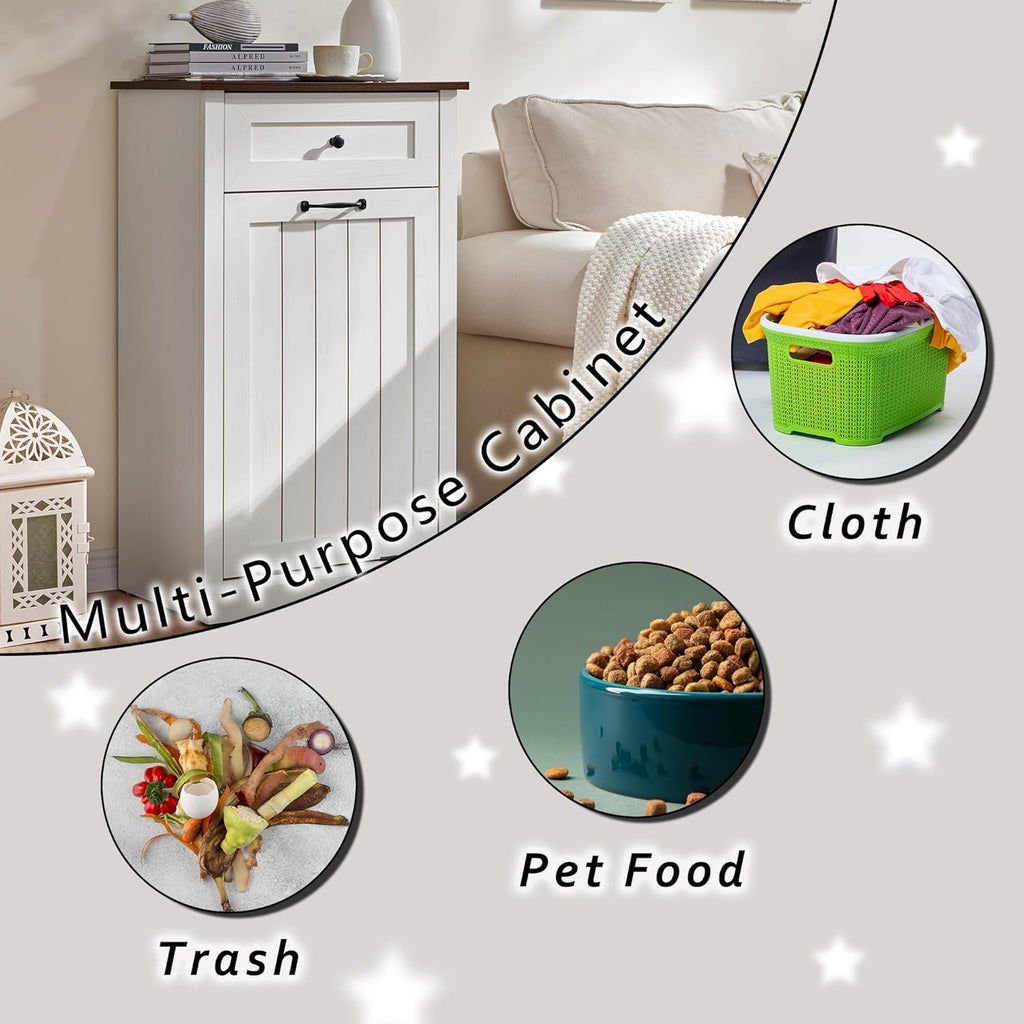 Tilt Out Trash Can Cabinet, 10 Gallon Farmhouse Laundry Hamper Cabinet with Drawer, Hidden Wooden Trash Garbage Can Bin with Storage Basket for Kitchen, Living Room (Antique White)