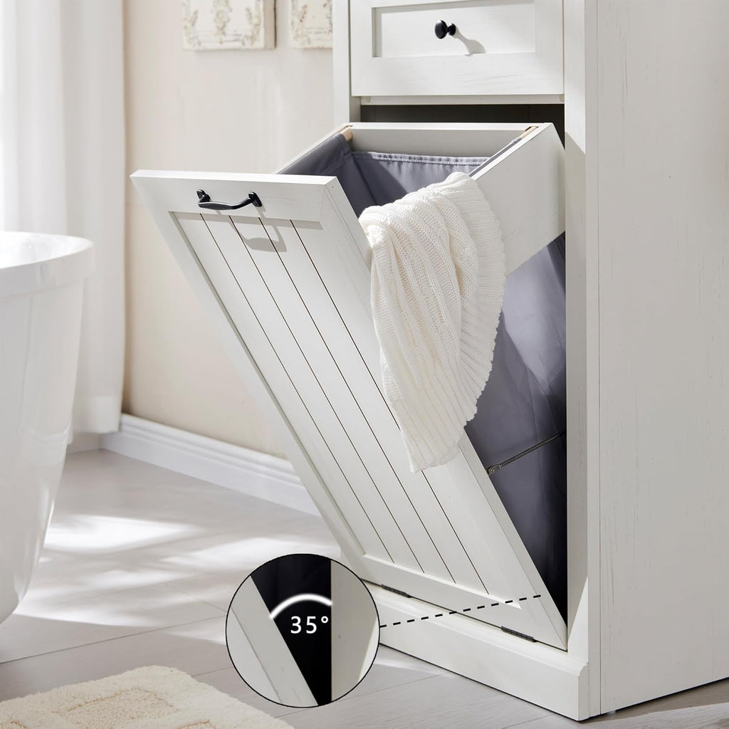 Tilt Out Trash Can Cabinet, 10 Gallon Farmhouse Laundry Hamper Cabinet with Drawer, Hidden Wooden Trash Garbage Can Bin with Storage Basket for Kitchen, Living Room (Antique White)