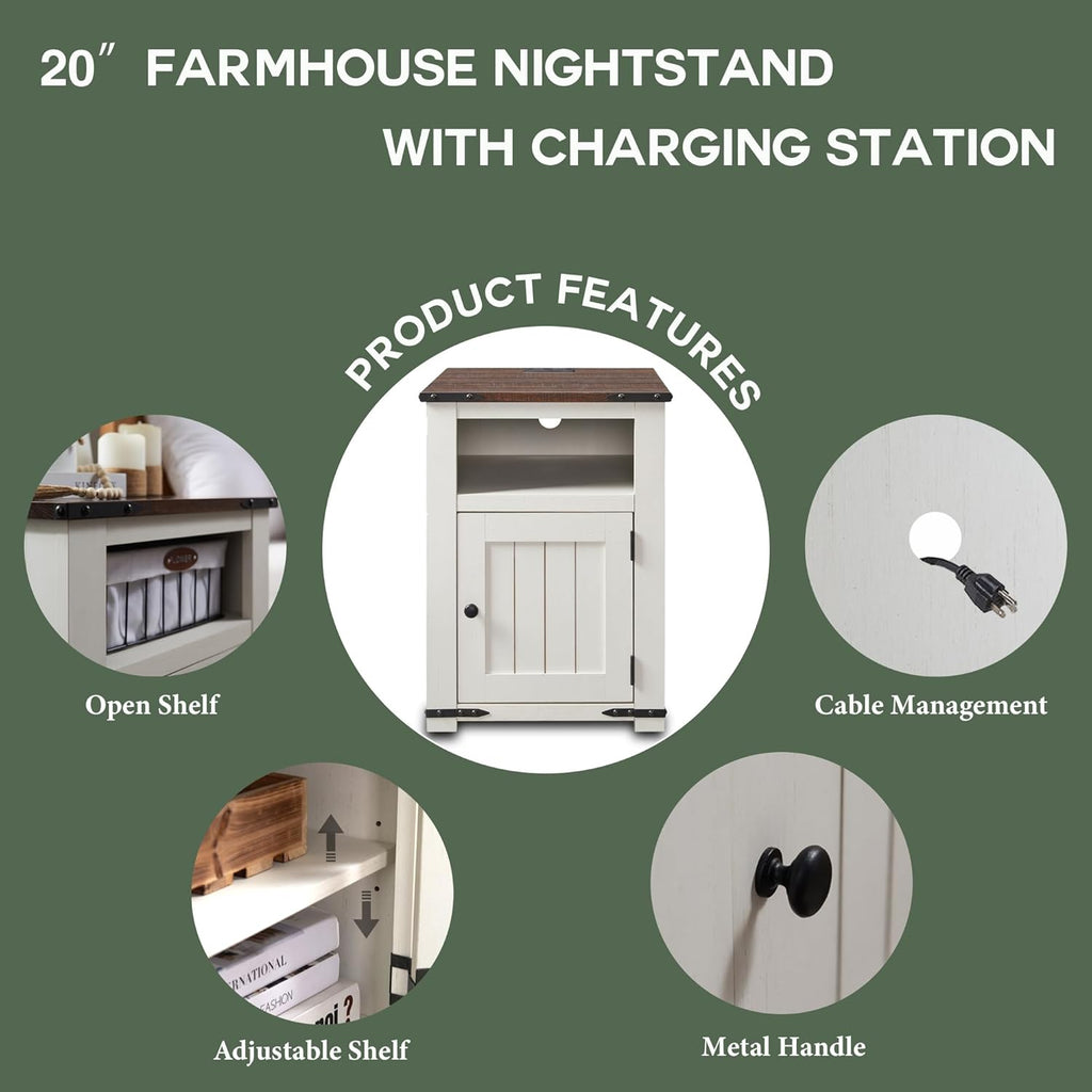 Farmhouse Nightstand with Charging Station, 20" Rustic End Table w/Barn Door, Wood Sofa Side Bedside Table w/Open Shlef & Stroage Cabinet for Bedroom (White) Visit the IFGET Store