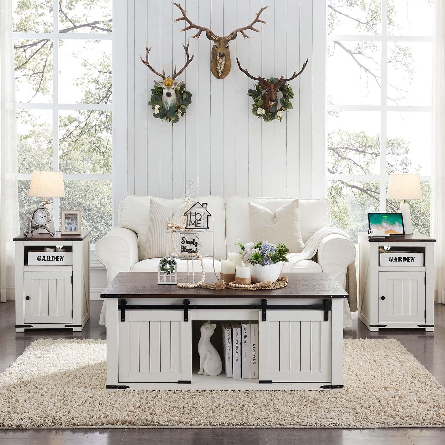 Farmhouse Nightstand with Charging Station, 20" Rustic End Table w/Barn Door, Wood Sofa Side Bedside Table w/Open Shlef & Stroage Cabinet for Bedroom (White) Visit the IFGET Store